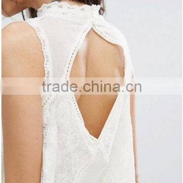 Women Summer Bohemian Casual Wear, Swing Style Ivory Top Woven Lace Cotton Mini Dress photo-3