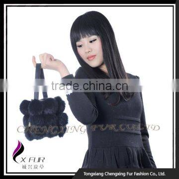 CX-H-08 High Quality Black Genuine Rabbit Fur Hand Bag Fur Pom Pom