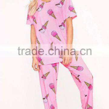 Custom Full Print Women Long PJ Set All Over Print Ladies Sleepwear Pink Ice-cream Print Pajamas Set photo-3