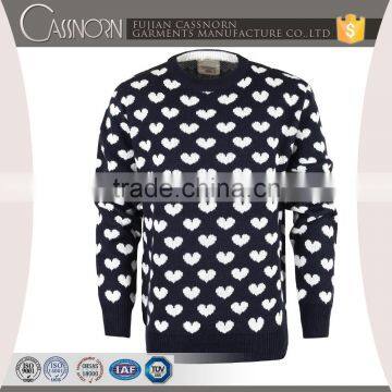 latest crew neck rib-knit hem pullover heart shape jacquard knitting sweater