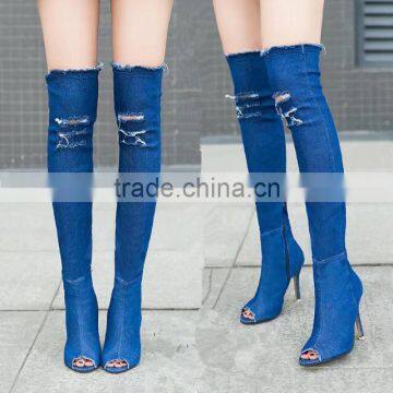 B22412A New style stilettos Over the knee boots sandals boots elastic denim boots