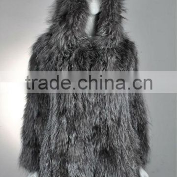 YR213 Silver Fox Knit Real Fur Coats/Trendy High Grade Genuine Fox Fur Hoodie