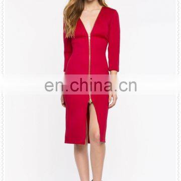 China Fashion Cheap Sexy 3/4 Sleeves Zip Front Midi Bodycon Dress for Women photo-5