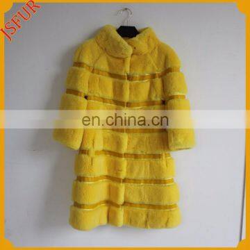 Elegant Women Stand Collar Striped Winter Coat With Real Rex Rabbit Fur