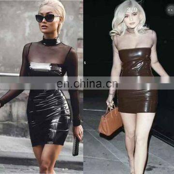 Dress Dropshipping Women Clothing Sexy Mesh Strapless Faux Leather Bodycon Mini Dresses