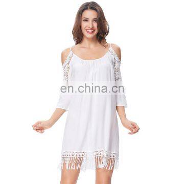 Kate Kasin Sexy Womens Loose 3/4 Sleeve Cold Shoulder Tasseled White Cotton Summer Dress KK000644-2