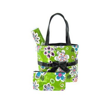 printed diaper bag with tote handle and bow