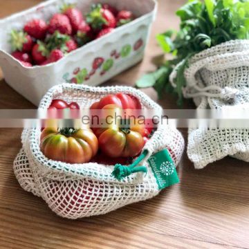 Reuse natural organic cotton mesh produce shopping bag with label