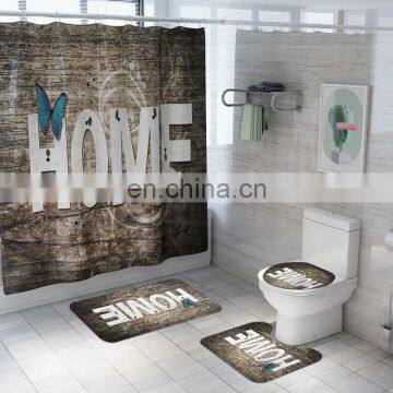 Polyester Wooden Transfer Printed Shower Curtain Lid Toilet Cover Bath Mat Rug With Hooks photo-5