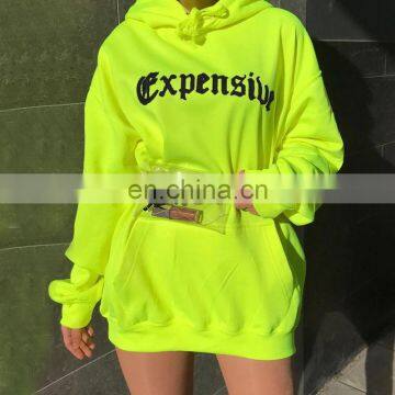 Spring women fashion reflective lime color long sleeve with words print female casual sweatshirt hoodies