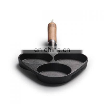 Cast Iron Skillet Divided Egg 3 Hole Tilting Wooden Handle Frying Pan photo-4