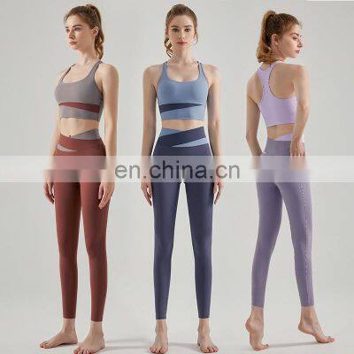 Fashion Color Blocking Racer Back Bra Match Crotchless V Cut Cross Waist Leggings Gym Yoga Set Workout Fitness Sports Wear