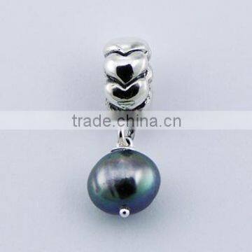 Freshwater Pearl Charm On Corrugated Sterling Silver Bead