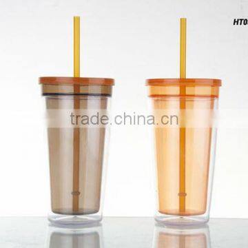 plastic double wall tumbler with straw and lid