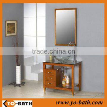 900mm teak color bathroom wooden cabinet with glass countertop and basin