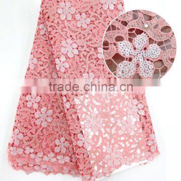 High quality Peach guipure cord lace fabric with sequins swsiss cupion lace wedding dress lace