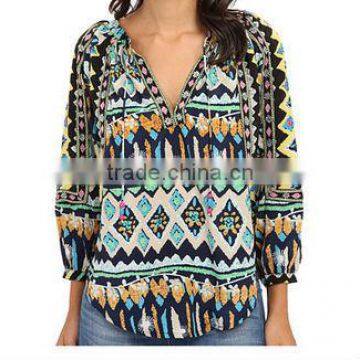 high quality deep-V binding neck position print shirt