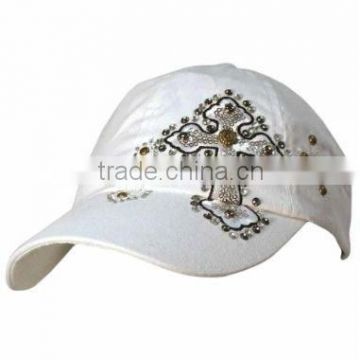 White Baseball Cap With Rhinestone Studded Crosses