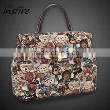 Cotton fabric travel handbag women bear jacquard travel bag