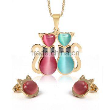 New Fashion Titanium Steel Metal Luxury Cat Eye Stone Necklace Earring Sets For Women