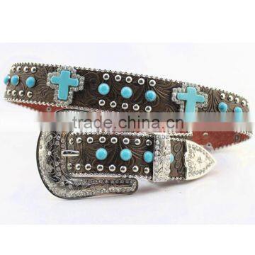 Floral Embossed Cowgirl Leather Western Turquoise Stone Studded Belts