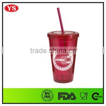 Bpa Free 16oz Plastic Double Wall Promotional Cup With Straw