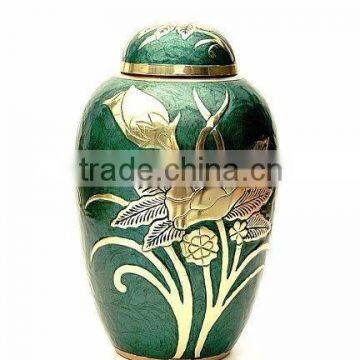 Gold Flower Green Solid Brass Metal Cremation Funeral Urn