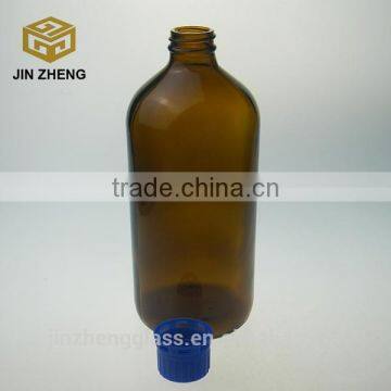Round 17.5oz Empty Amber Glass Reagent Bottle With Blue Plastic Lid photo-3