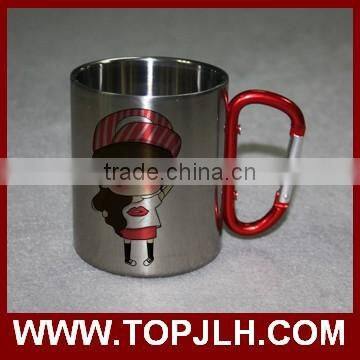 Promotional print mug cup with hook, custom printed stainless steel mug