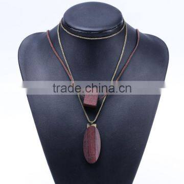 Multi Strand Geometric Wood Bead Pendant Necklace Long Wooden Beads Sweater Necklace Layered Suede Leather Chain Necklace photo-2