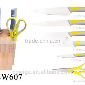 6PCS PP Handle Stainless Steel Knife Set with wooden base