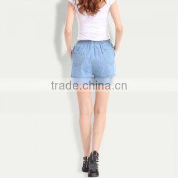 Top Fashion Summer Loose Fit Light Blue Washed Sexy Women Elastic Waist Denim Shorts photo-3