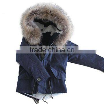 Myfur Latest Design Kids Jeans Parka With Sheep Shearing Fur Lining And Raccoon Fur Hooded Parka for Children photo-2