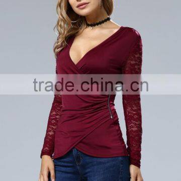 Clothes Woman Fashion Long Bell Sleeve Deep V Neck Lace Blouse 2017 photo-5