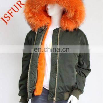 Short bomber jacket with detachable rabbit fur lining