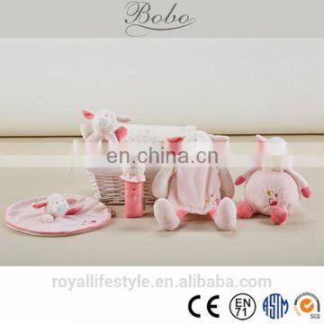 High quality cute newborn baby lamb toy set with plush toy,baby wrist rattles and baby blanket