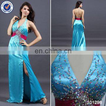 in-stock floor length satinstrap split V-neck beaded sexy side slit prom dresses