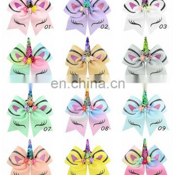 7inch Girl Unicorn Hair Bow Kids Handmade Rainbow Sequin Boutique Hairbands 12styles