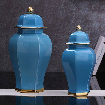 Hexagon New Chinese Style Large Blue Gild Ceramic Vase Decoration Art For Hallway TV Bench