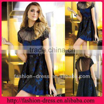 Elegant Short Sleeve Lace Royal Blue Cocktail Dress With Beaded Waist