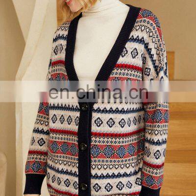 Women Plus Size V Neck Jacquard Cashmere Wool Cardigan Printed Sweater photo-5