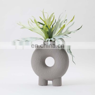 Nordic Table Decoration Matt Grey Modern Ceramic Hollow Circle Donut Vase For Home