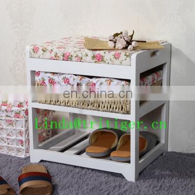 Willow basket wood shoe rack storage with stool seat bench