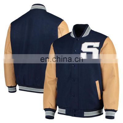 Baseball lettermen varsity jacket for men with leather sleeve custom embroidery patched logo