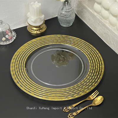 Elegant 13 Inch Round Gold Rim Bronzing Clear Plastic Charger Plate Candy Chocolate Gold Wedding Chargers Plate