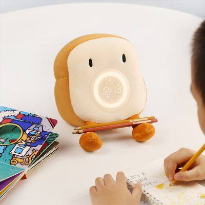 Cute Cartoon Toast Soft Plush Sleep Trainer Night Light LED Digital Table Alarm Clocks Kids Bady Children Gift