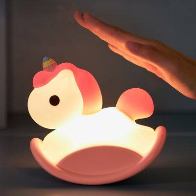 High Quality Silicone Led Night Light Rainbow Rocking Horse Shape Atmosphere Lamp Dimmable Timing Table Decor Christmas Gift