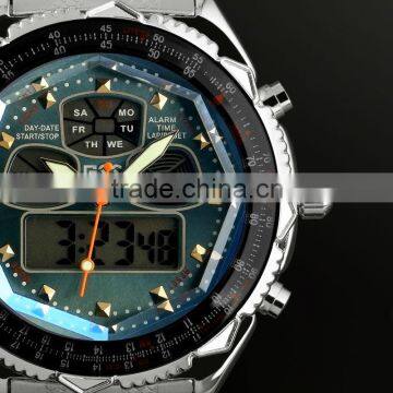 Brand New mens man analog digital alarm blue face stainless steel sport quartz watch