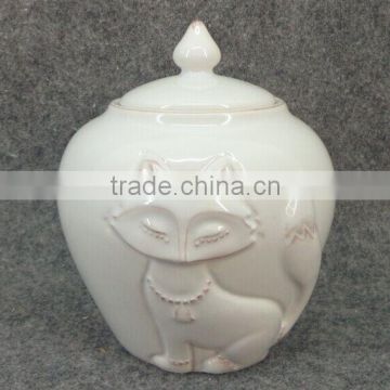 3D enbossed fox shaped ceramic cookie jar