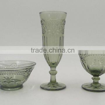press Wine goblet,Hiball,DOF, sundae cup color glass in smocky grey with sakura design embossed